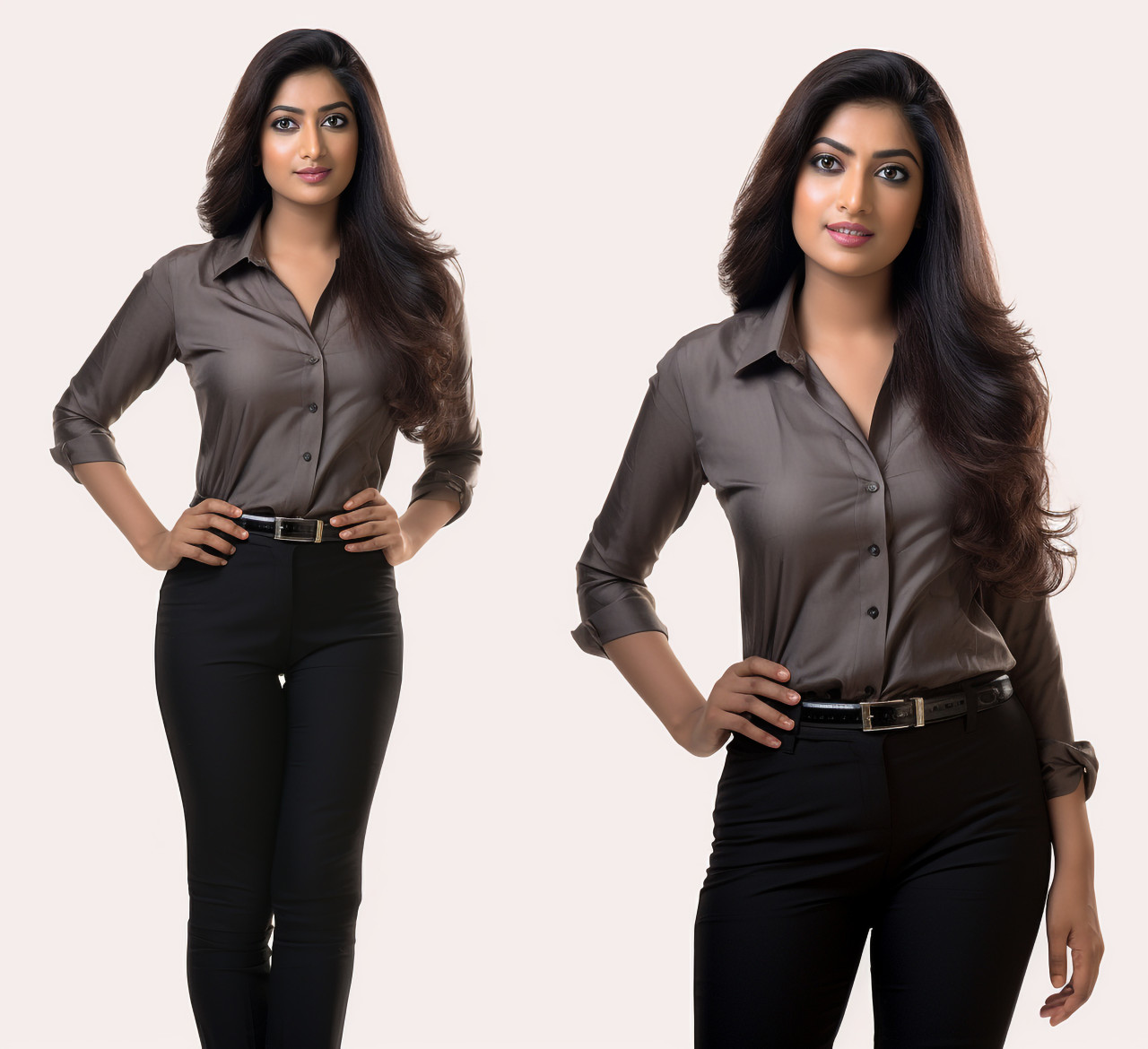 Smiling indian female legal professional stands isolated on white background