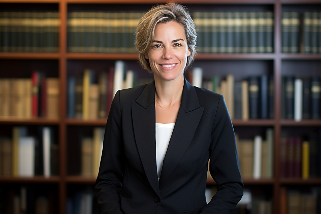 Approachable female attorney working with a smile on blurred background