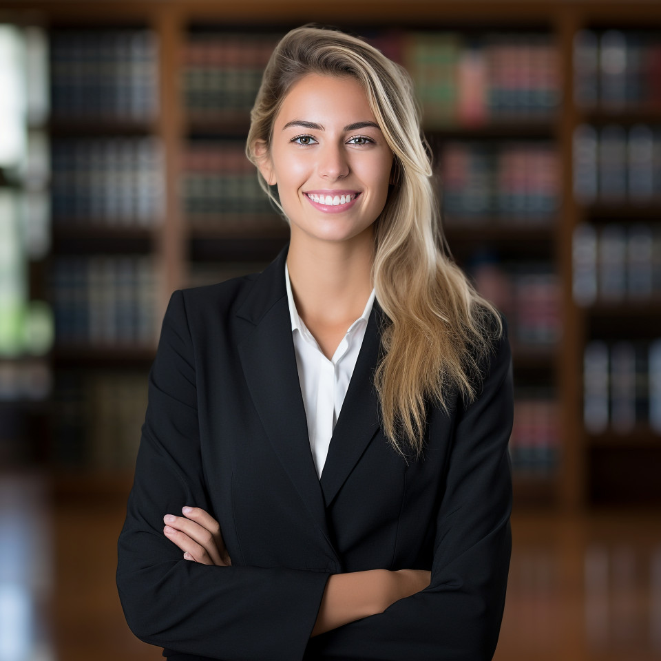 Approachable female attorney working with a welcoming smile on blurred background