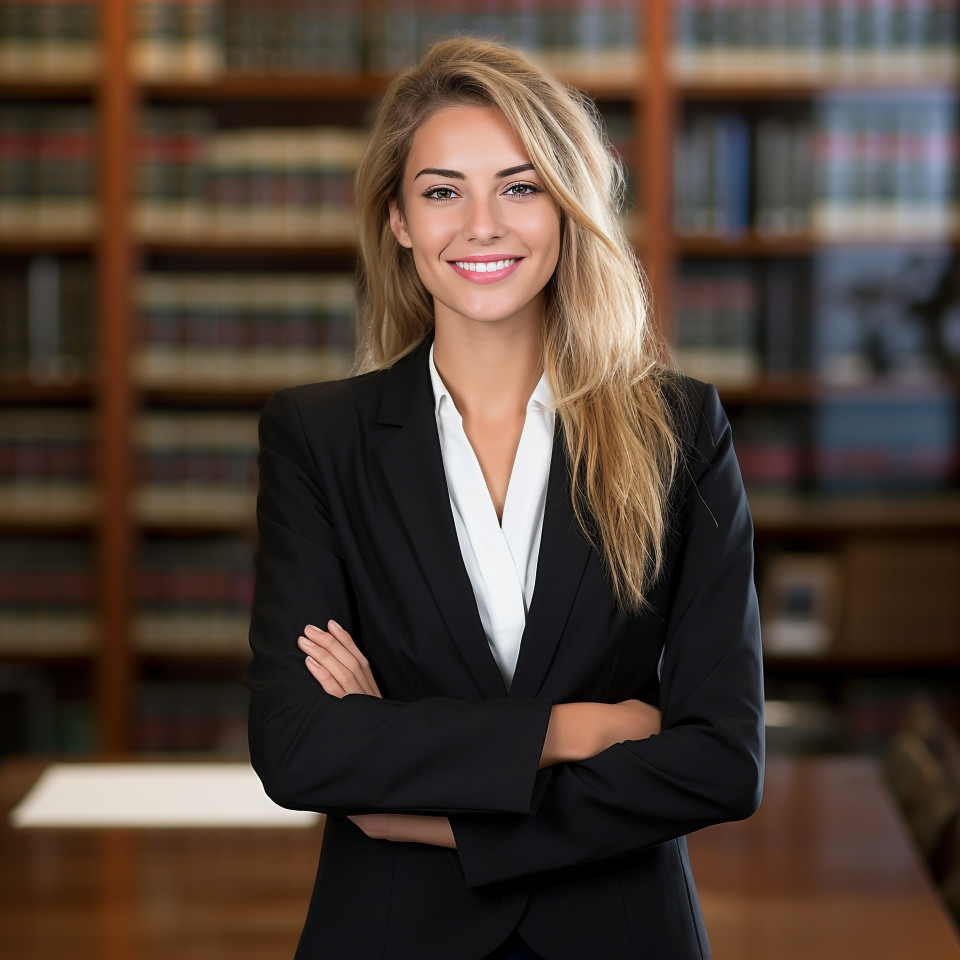 Approachable female attorney working with a welcoming smile on blurred background