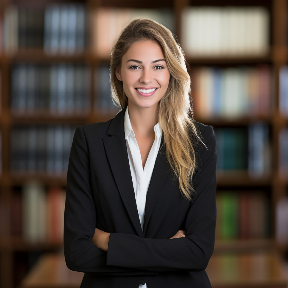 Approachable female attorney working with a welcoming smile on blurred background