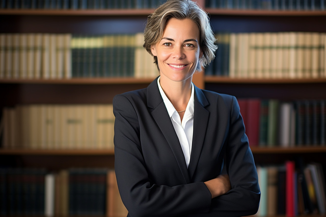 Approachable female attorney working with a smile on blurred background