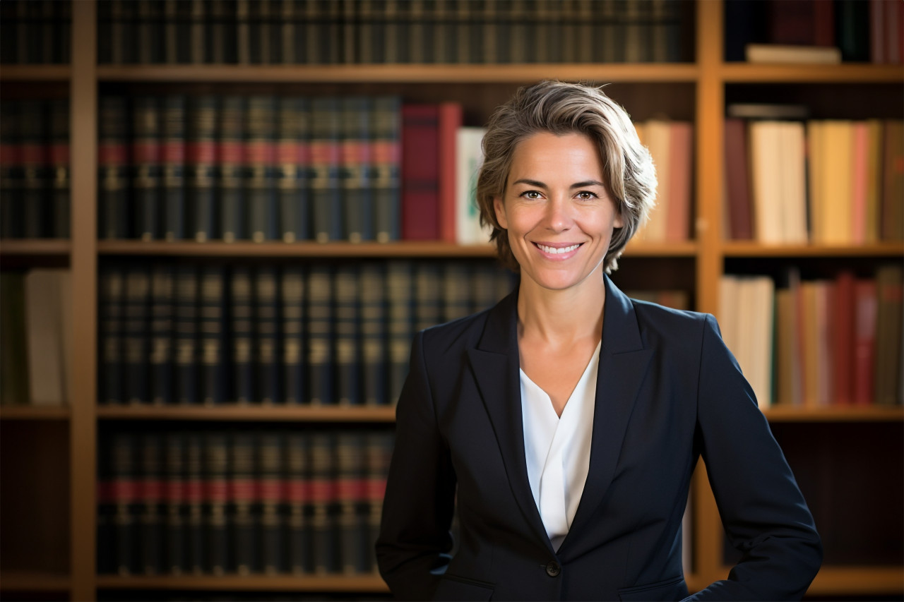 Approachable female attorney working with a smile on blurred background