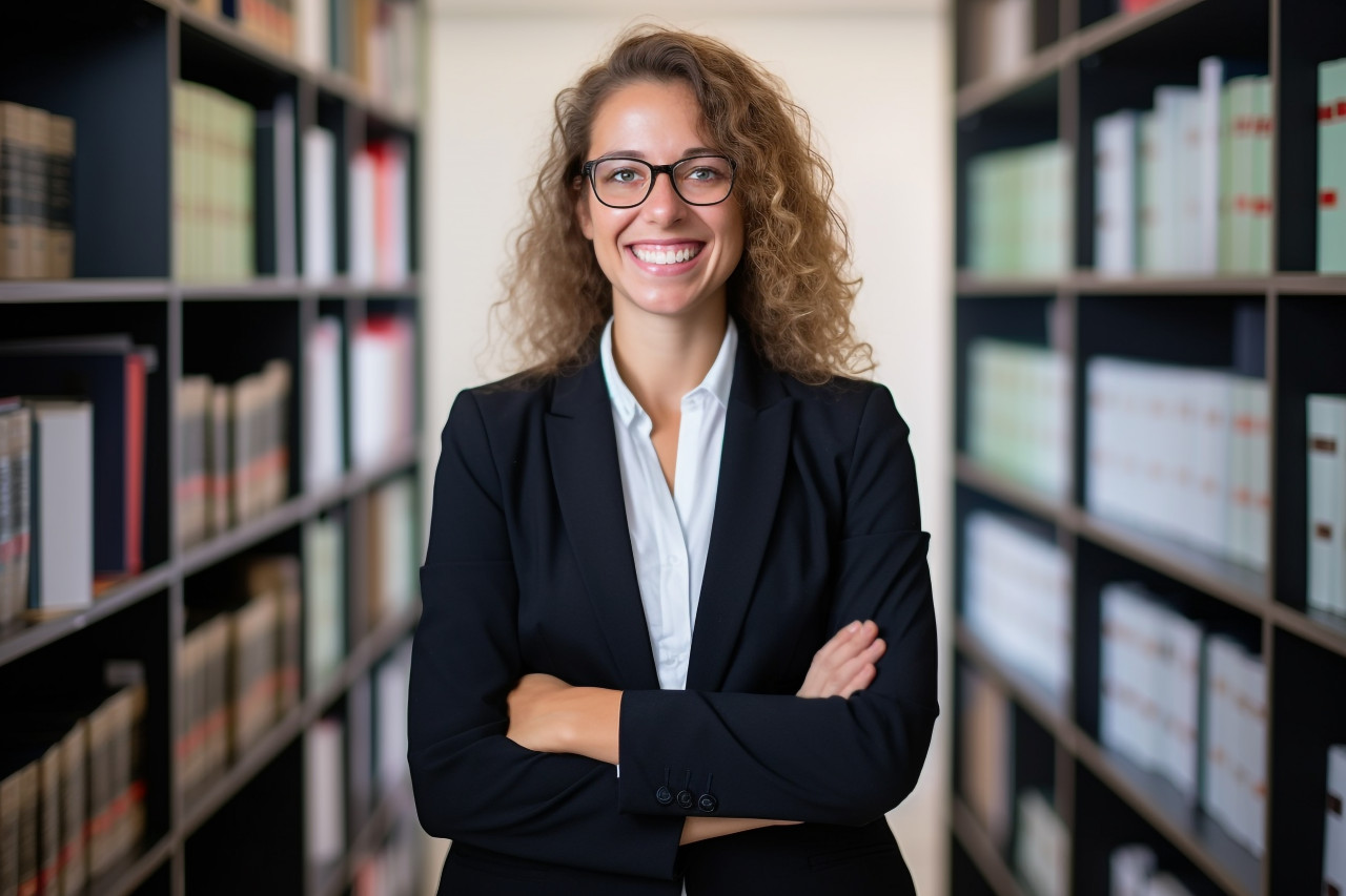 Warm and welcoming legal secretary cheerfully assists clients on blurred background