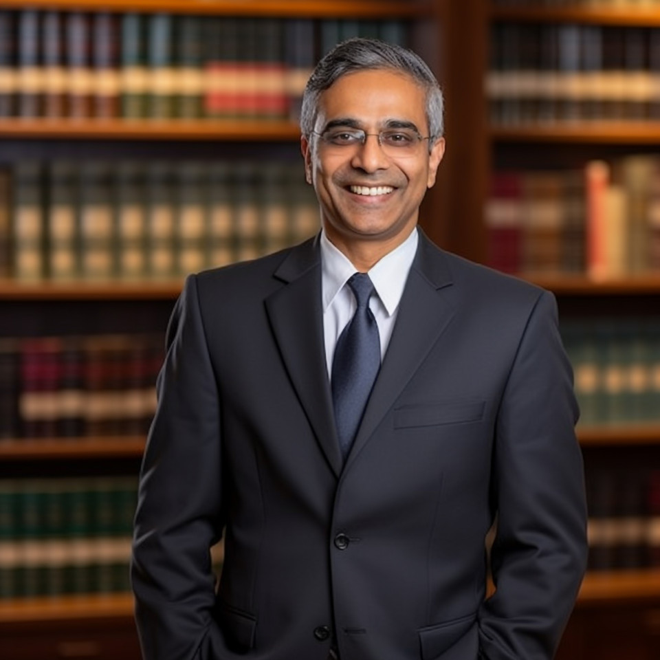 Approachable indian lawyer working with a smile on blurred background