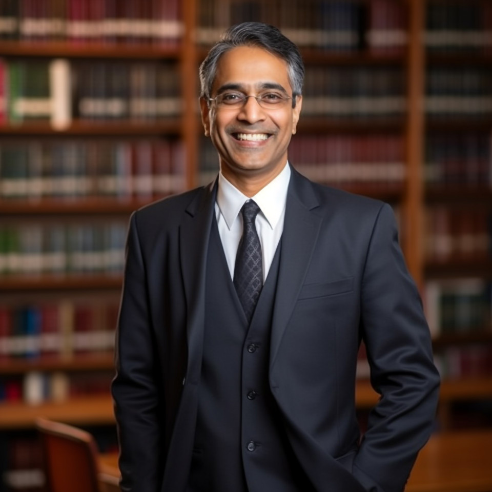 Approachable indian lawyer working with a smile on blurred background