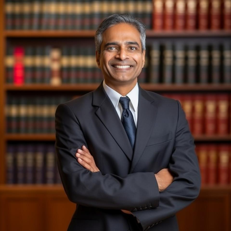 Approachable indian lawyer working with a smile on blurred background