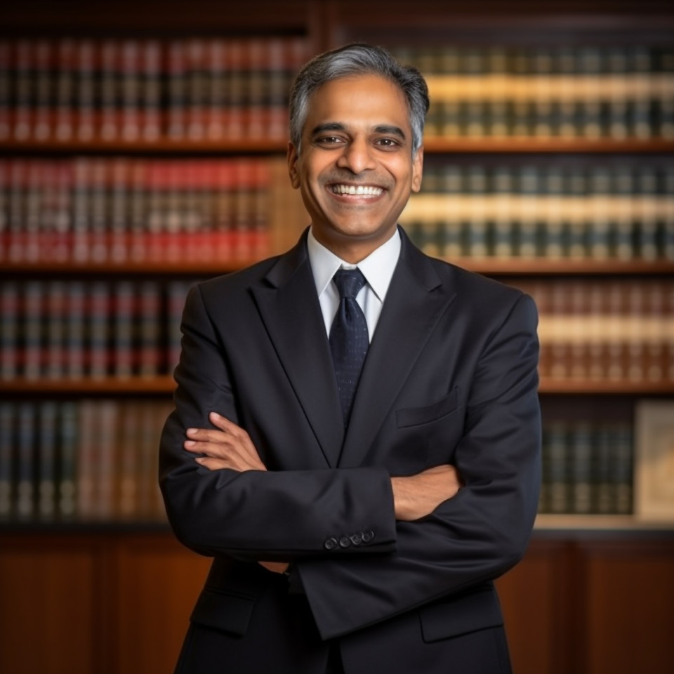 Approachable indian lawyer working with a smile on blurred background