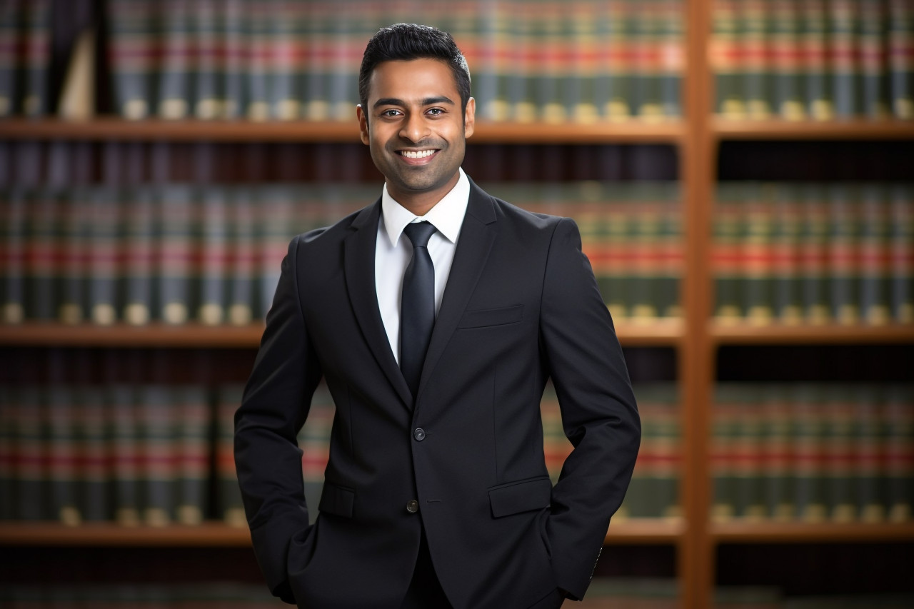 Helpful indian paralegal assists clients with a smile on blurred background