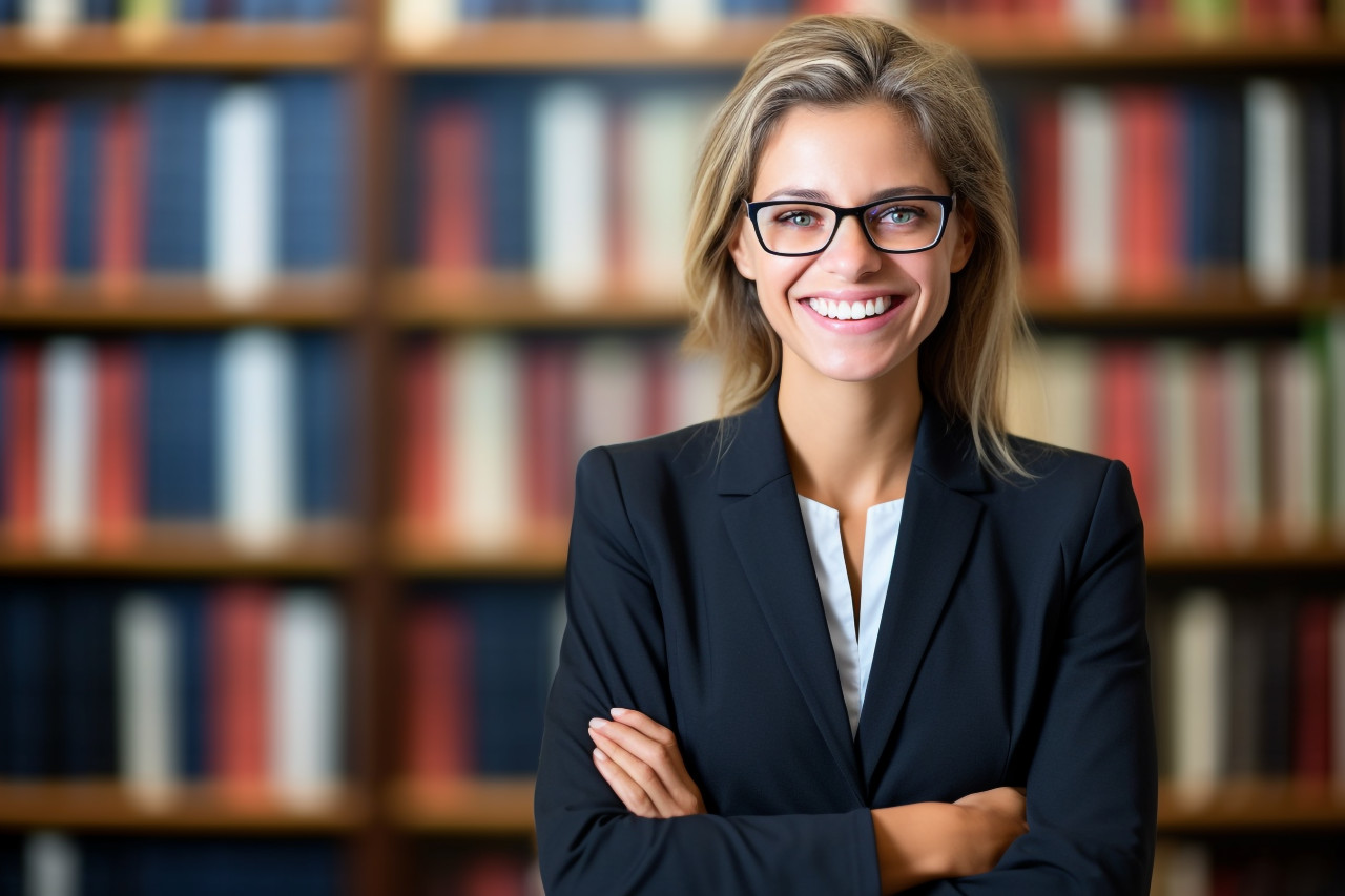 Cheerful female paralegal working in a professional setting on blurred background
