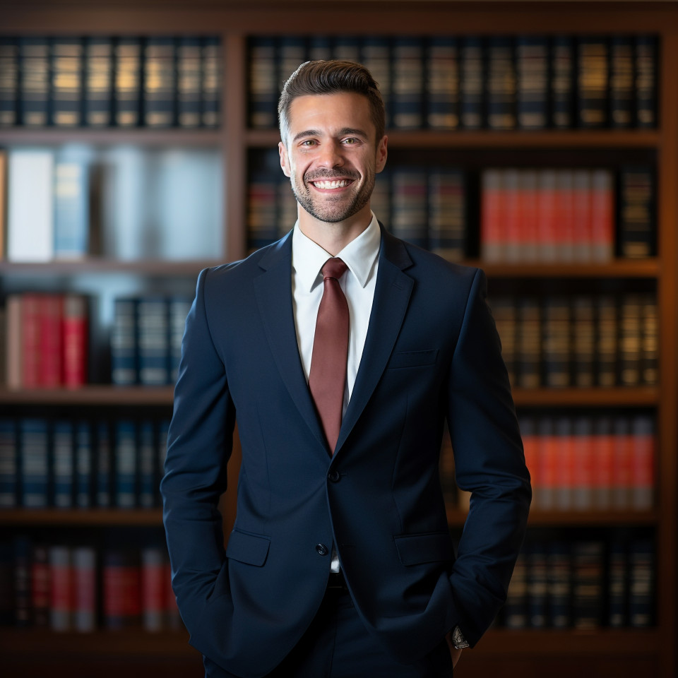 Approachable paralegal assists clients with legal matters on blurred background