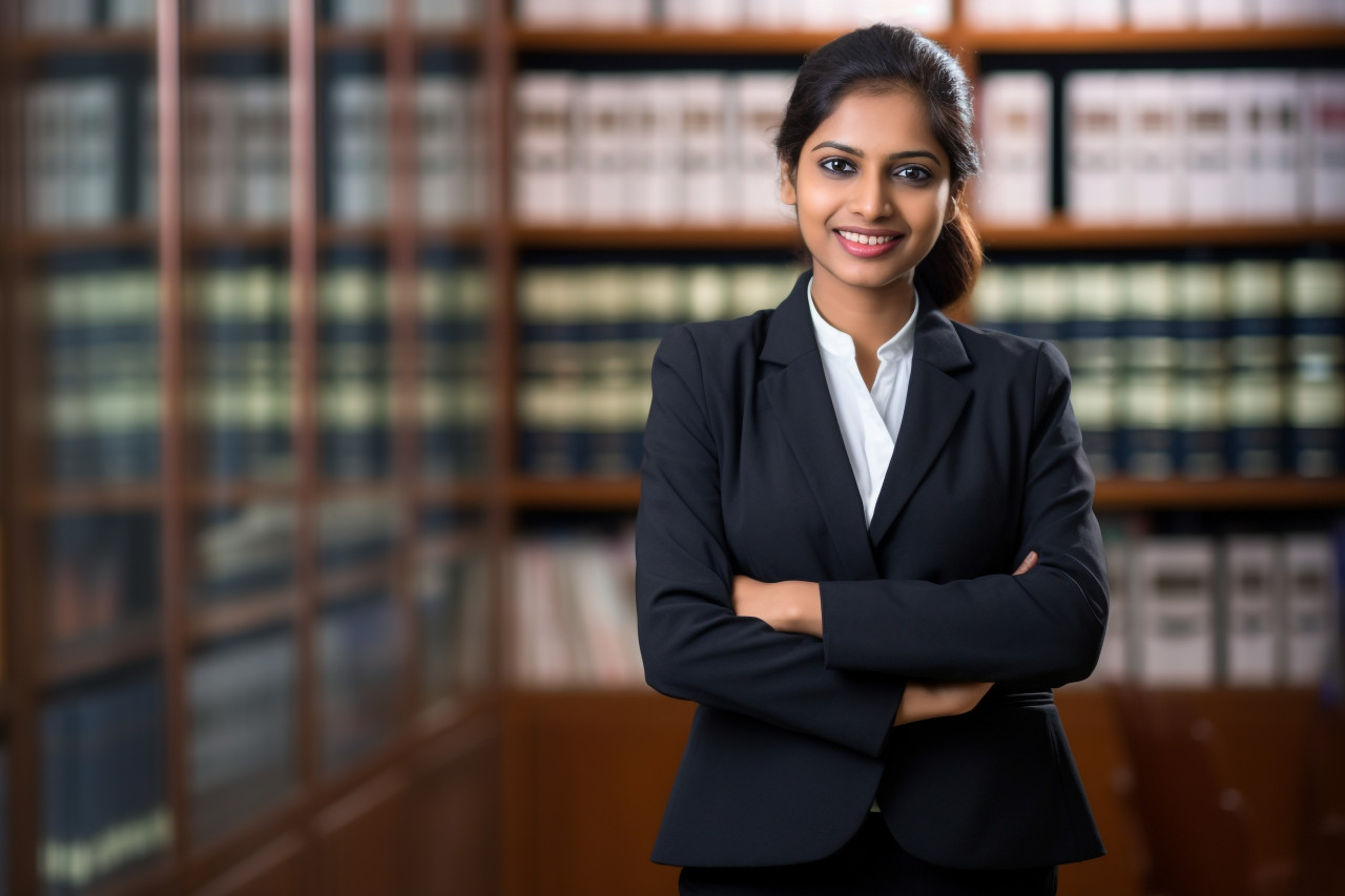 Cheerful indian paralegal woman working at her desk on blurred background