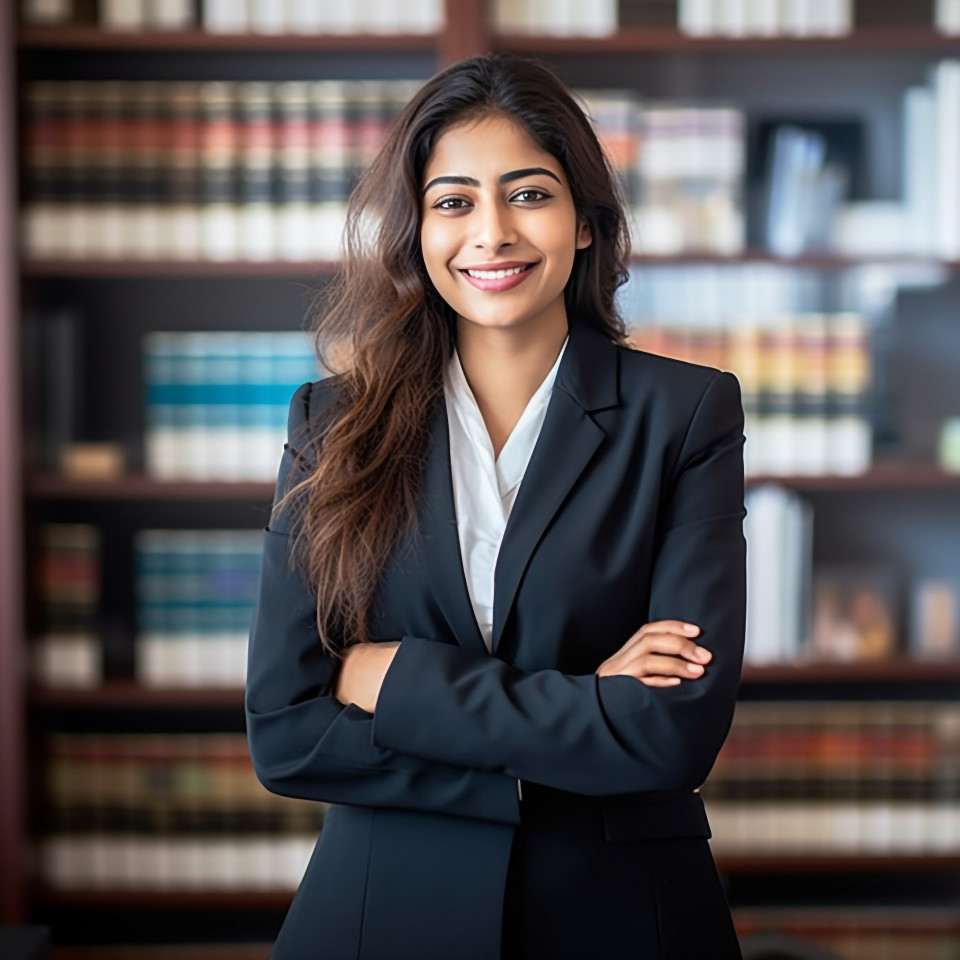 Smiling indian woman lawyer working in office a blurred background