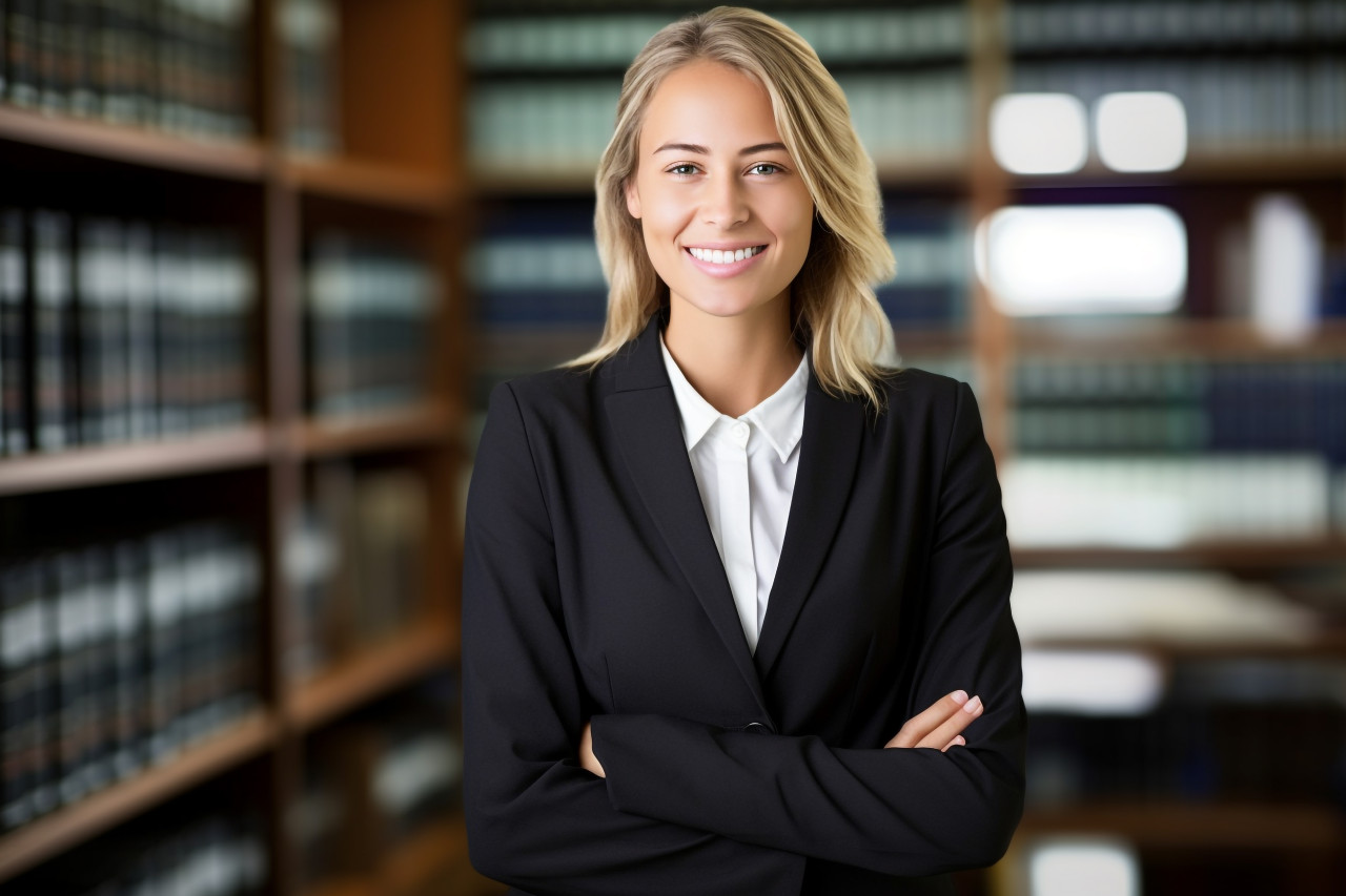 Cheerful female paralegal working in a professional setting on blurred background