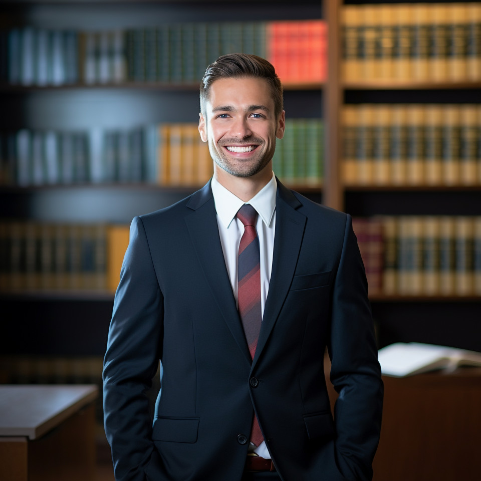 Approachable paralegal assists clients with legal matters on blurred background