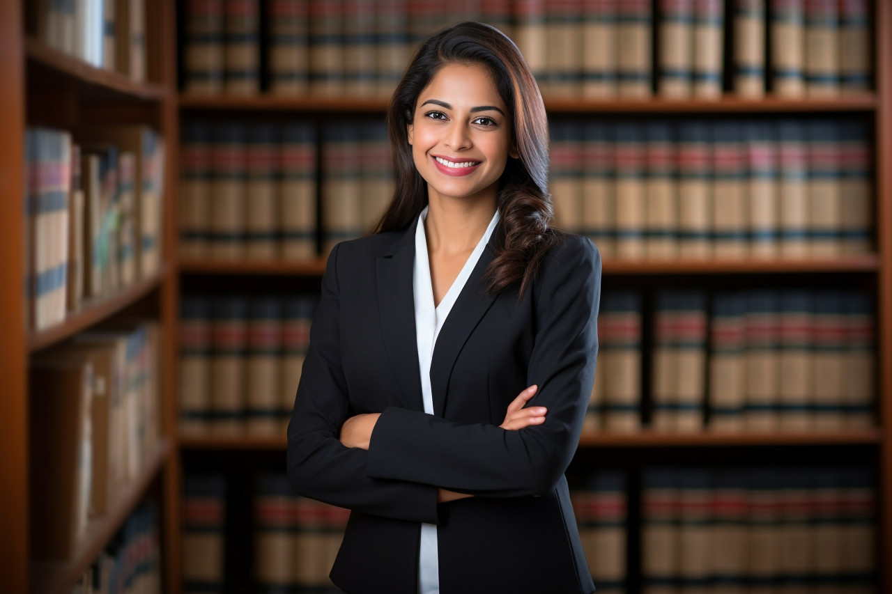 Cheerful indian paralegal woman working at her desk on blurred background