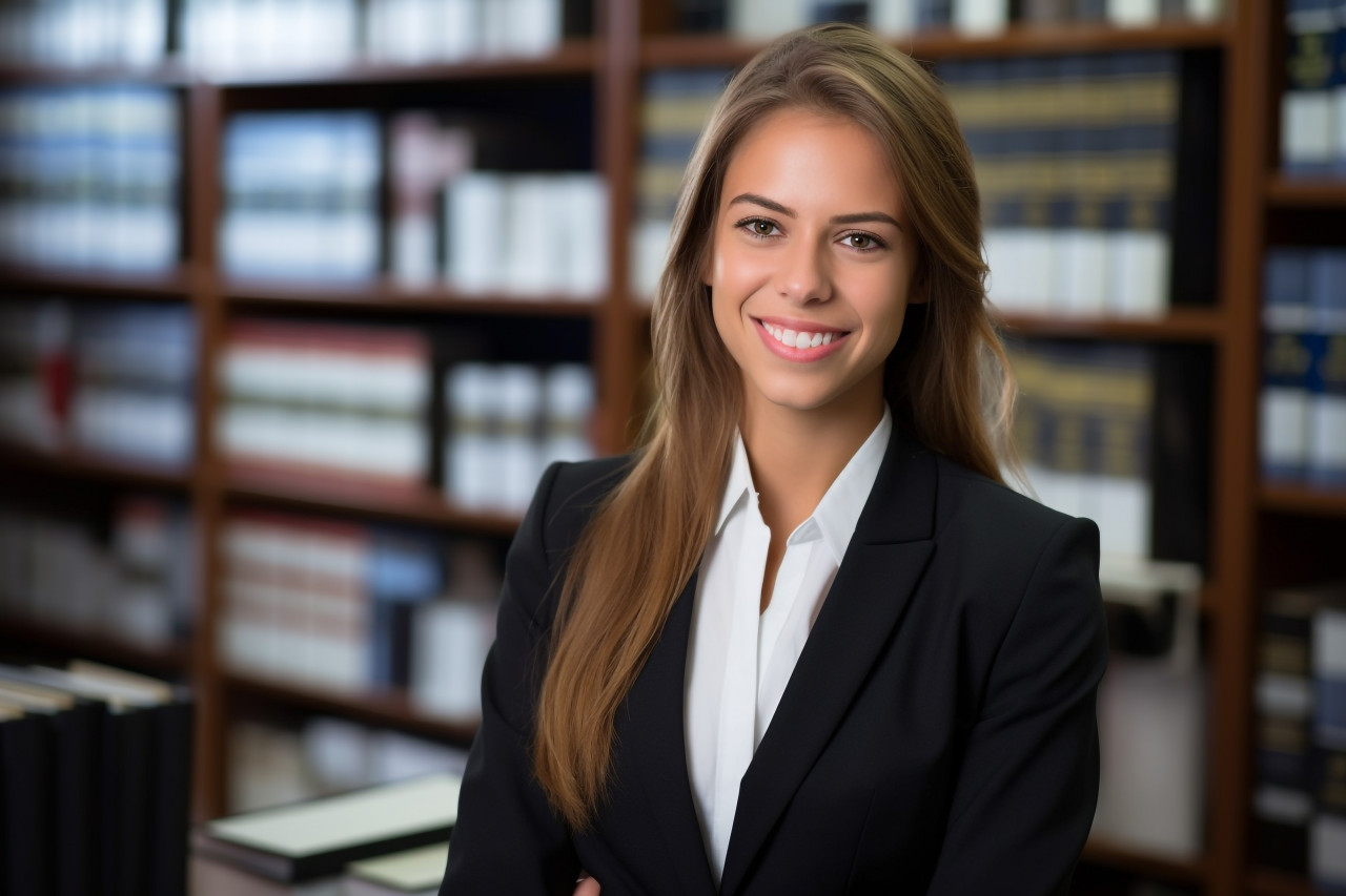 Cheerful female paralegal working in a professional setting on blurred background
