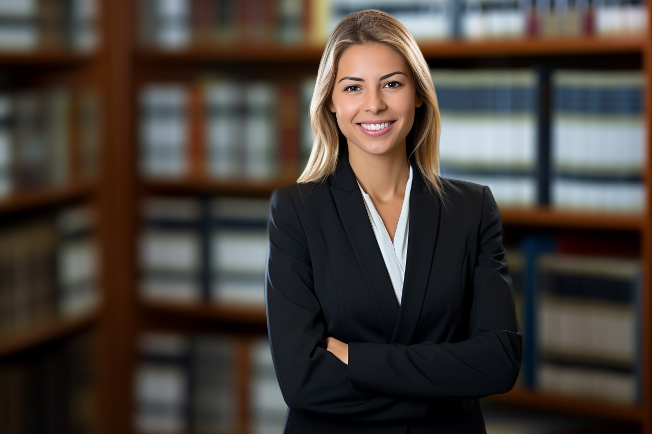 Cheerful female paralegal working in a professional setting on blurred background