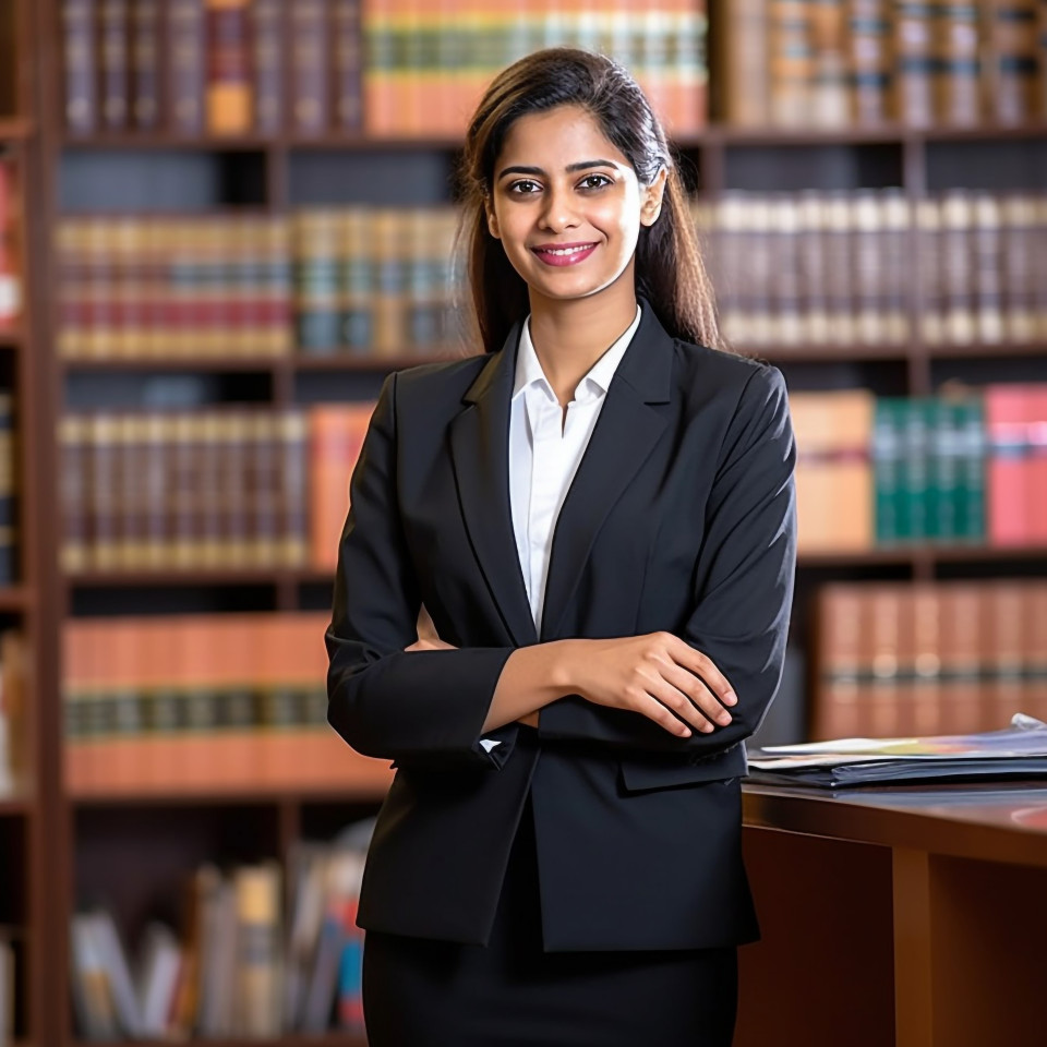 Smiling indian woman lawyer working in office a blurred background