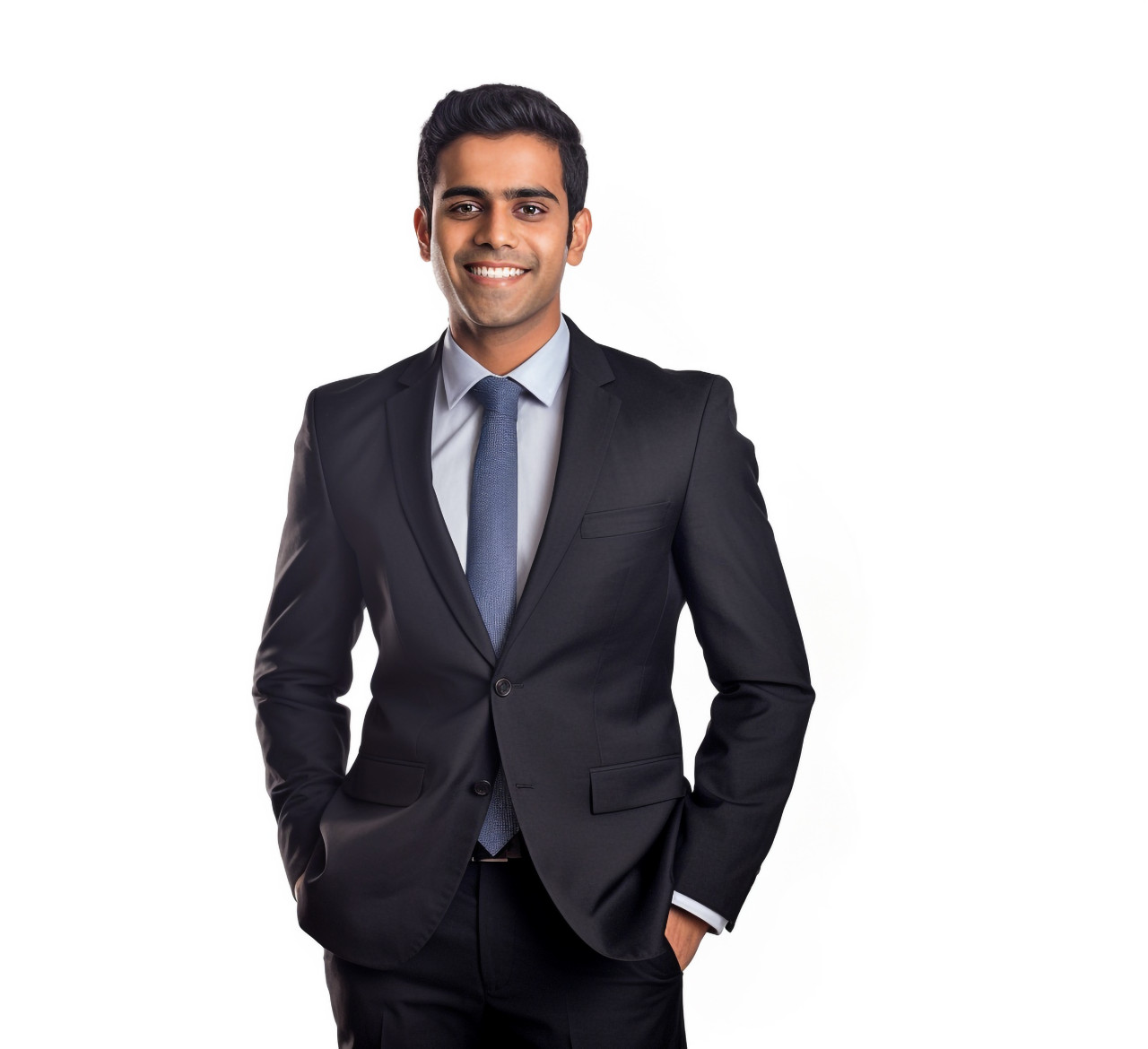 Approachable indian paralegal with a welcoming smile against a white back