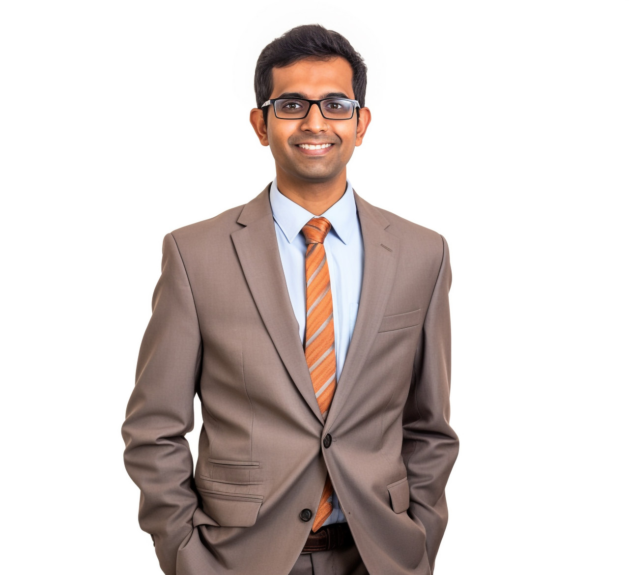 Cheerful indian legal assistant poses against a white background