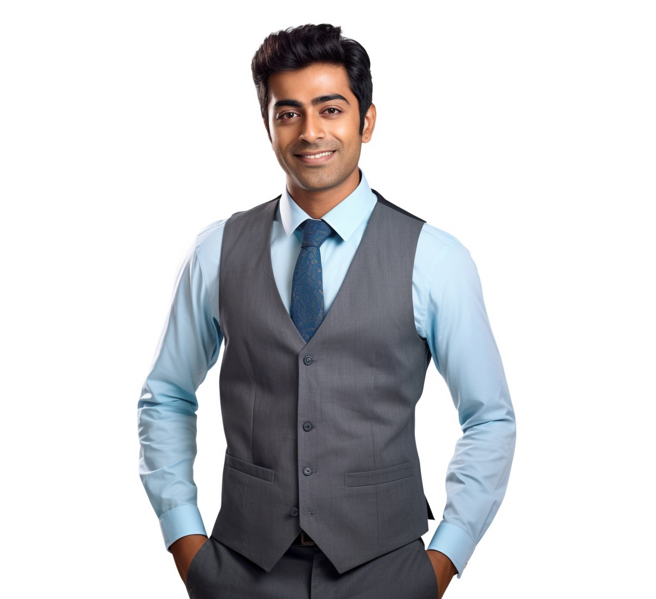 Approachable indian paralegal with a welcoming smile against a white back