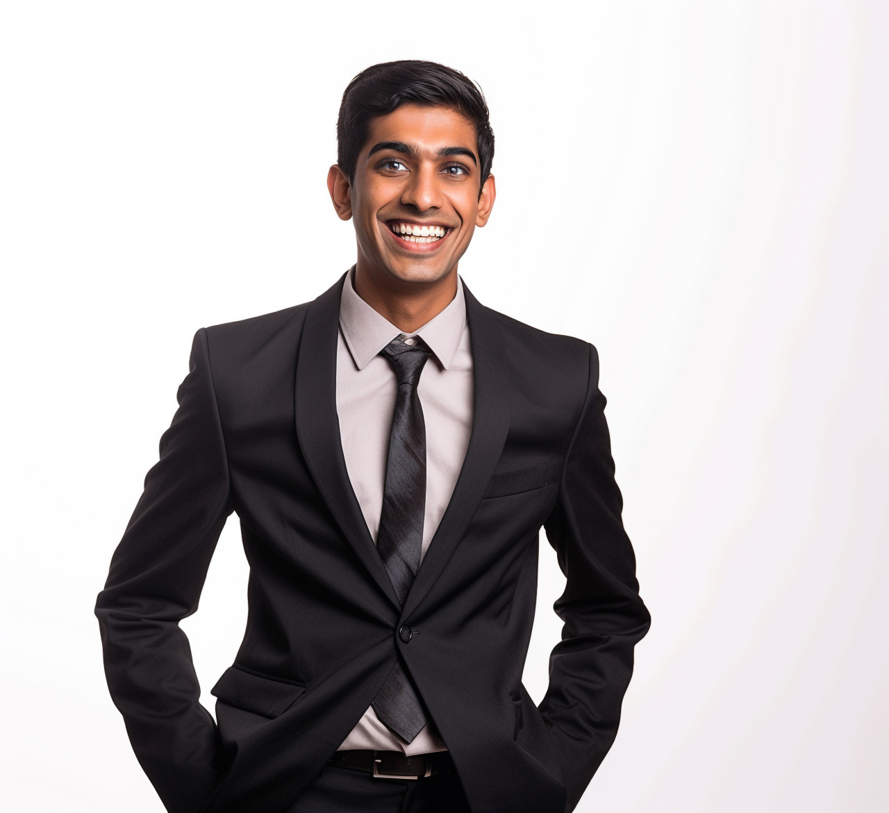 Approachable indian paralegal with a welcoming smile against a white back