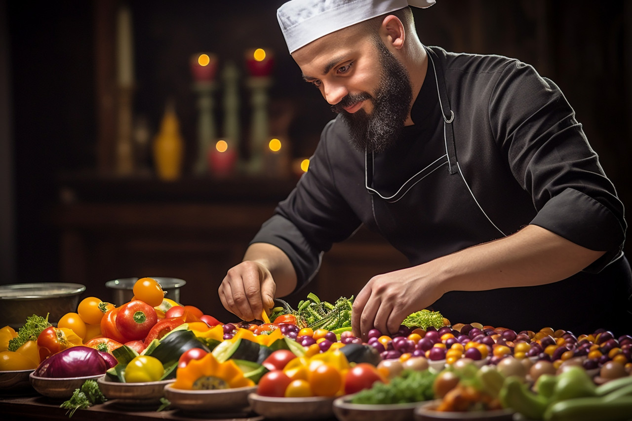 Skilled chef creatively arranges a colorful fruit platter