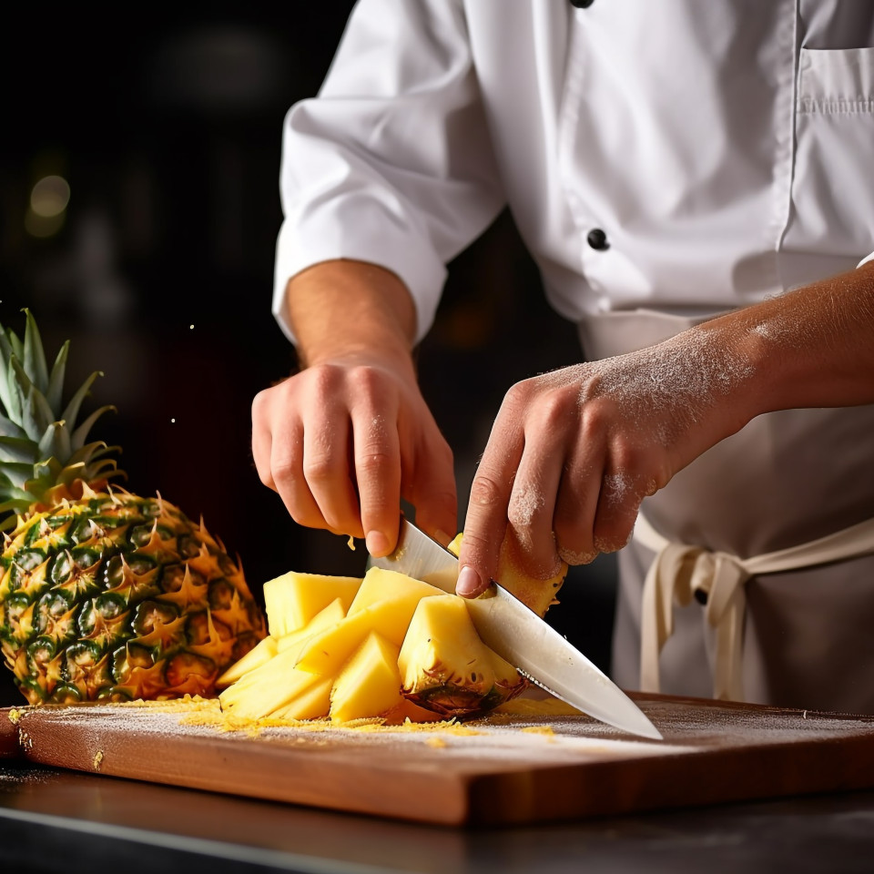 Bartender expertly cuts a juicy pineapple for a refreshing tropical drink