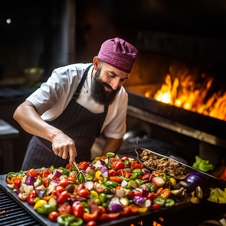 Experienced cook grills veggies for a healthy salad