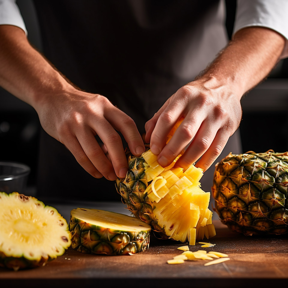 Bartender expertly cuts a juicy pineapple for a refreshing tropical drink