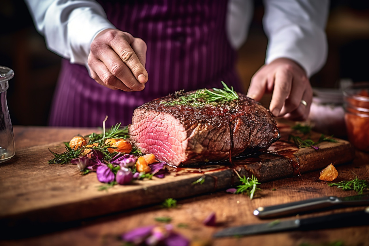 Skilled chef flawlessly cuts beef wellington