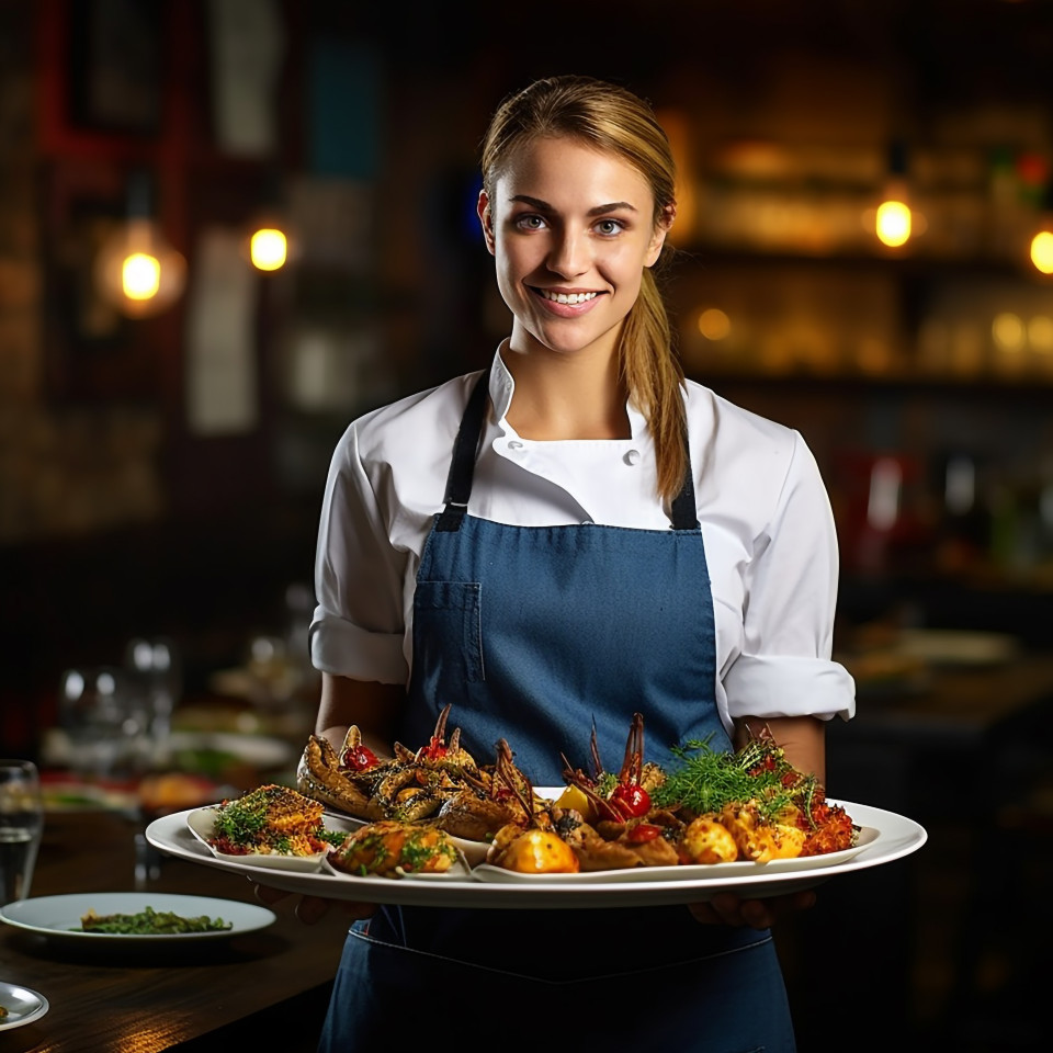 Skilled female chef showcases an enticing culinary creation