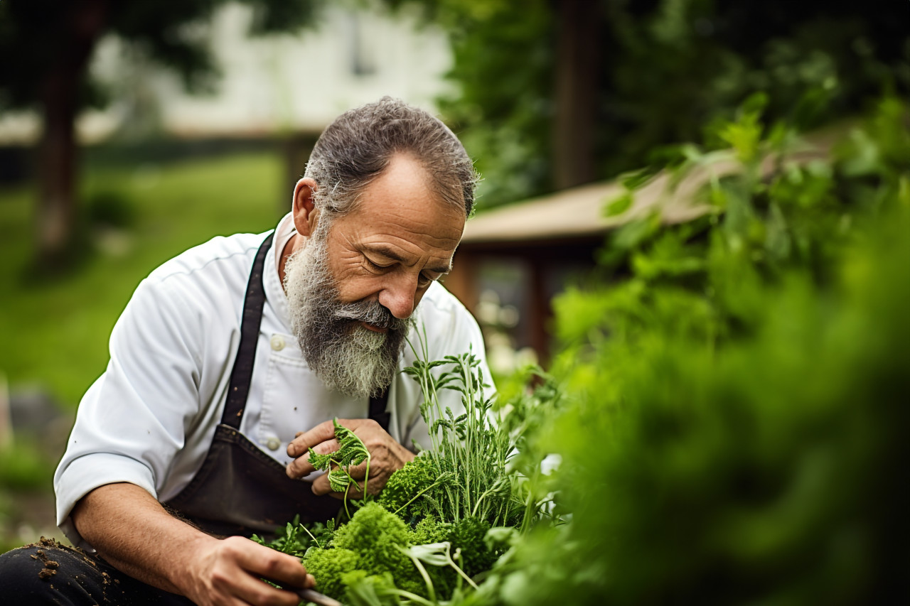 Cook gathers fresh homegrown herbs