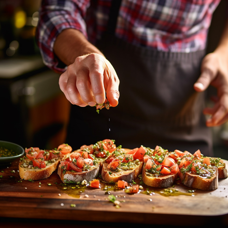 Chef finishes bruschetta with a drizzle of olive oil