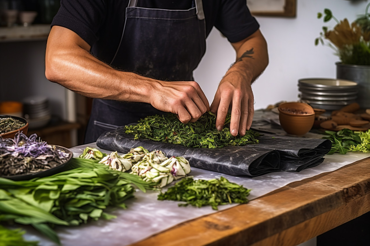 Skilled chef expertly rolls sushi using nori seaweed