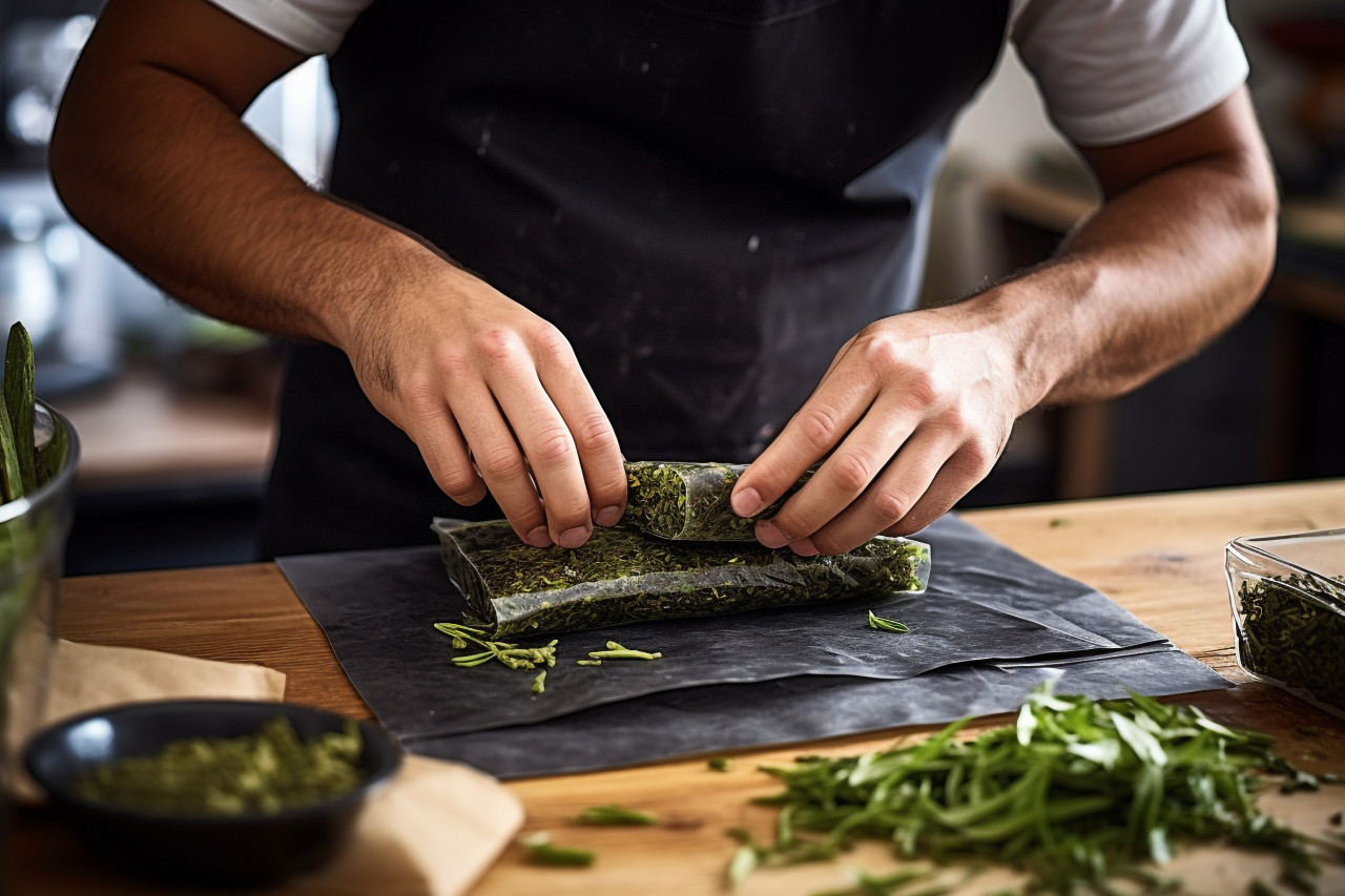 Skilled chef expertly rolls sushi using nori seaweed