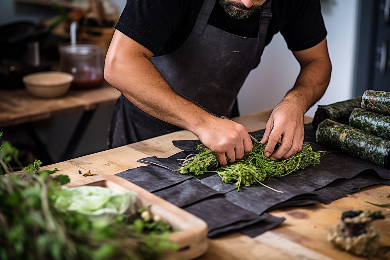 Skilled chef expertly rolls sushi using nori seaweed