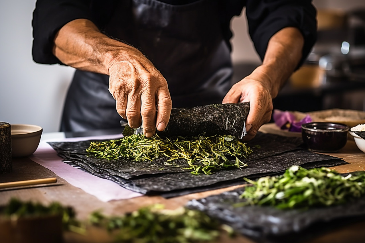 Skilled chef expertly rolls sushi using nori seaweed