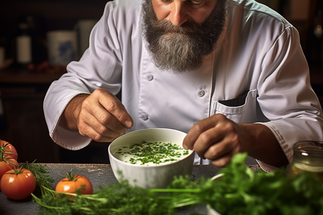 Skilled chef adding fresh basil to enhance soup flavor