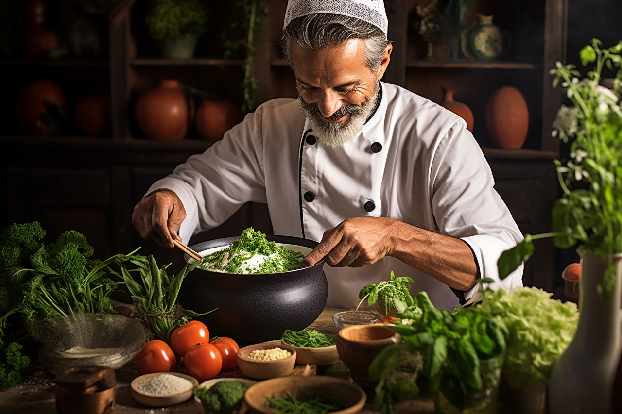 Skilled chef adding fresh basil to enhance soup flavor