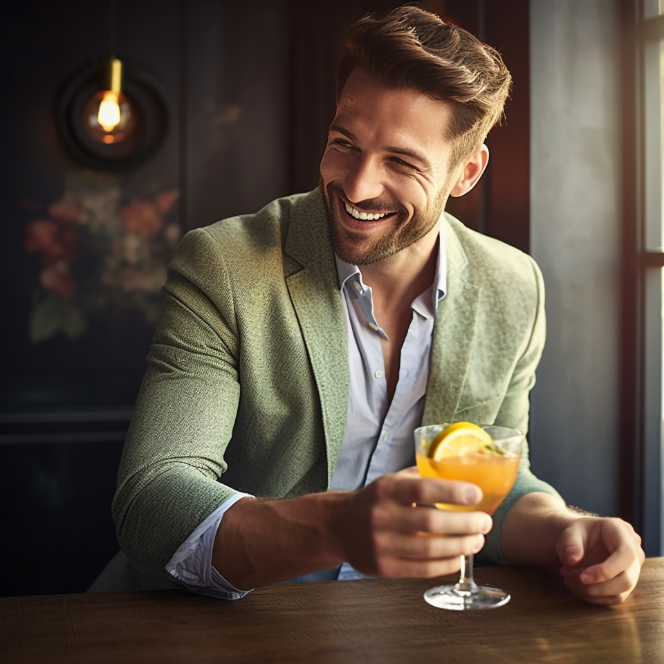Stylish man adds a citrus twist to his cocktail