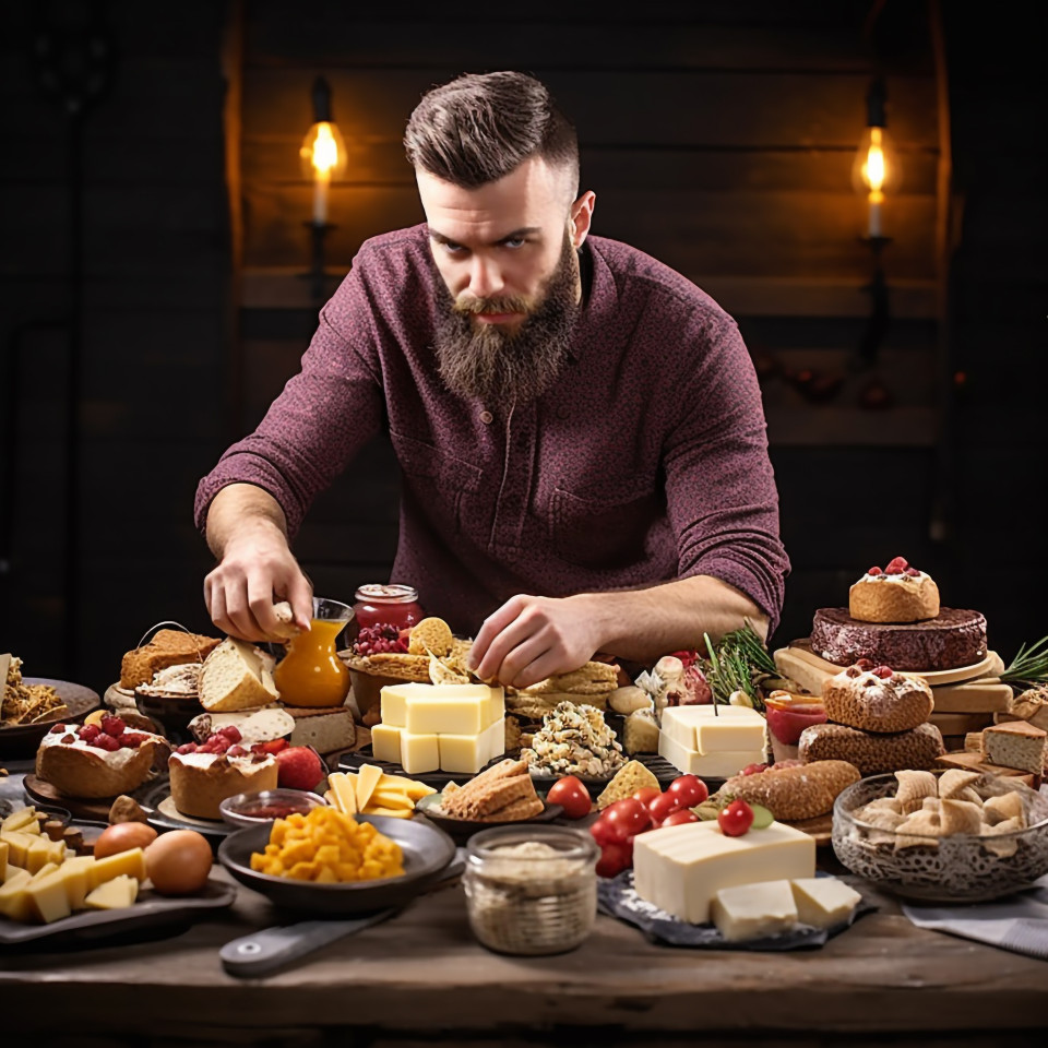 Skilled chef artfully arranges a delicious cheeseboard