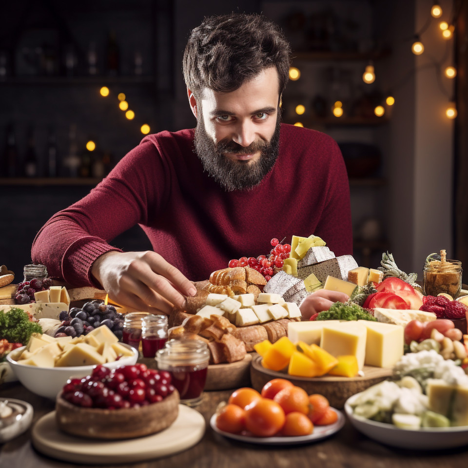Skilled chef artfully arranges a delicious cheeseboard