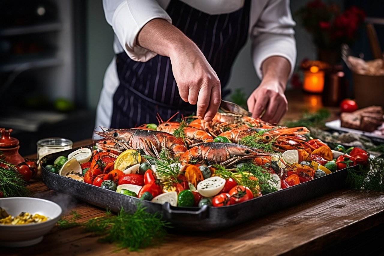 Skilled chef adding a final touch to an elegant seafood platter