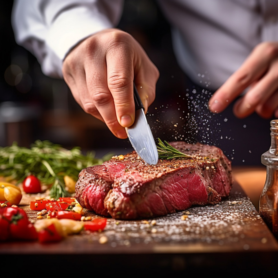 Experienced cook prepares a juicy steak in a professional kitchen