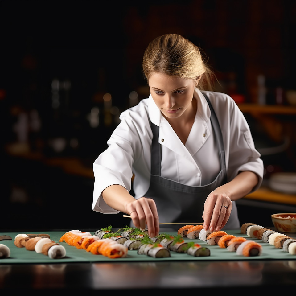 Skilled female chef expertly crafts sushi rolls