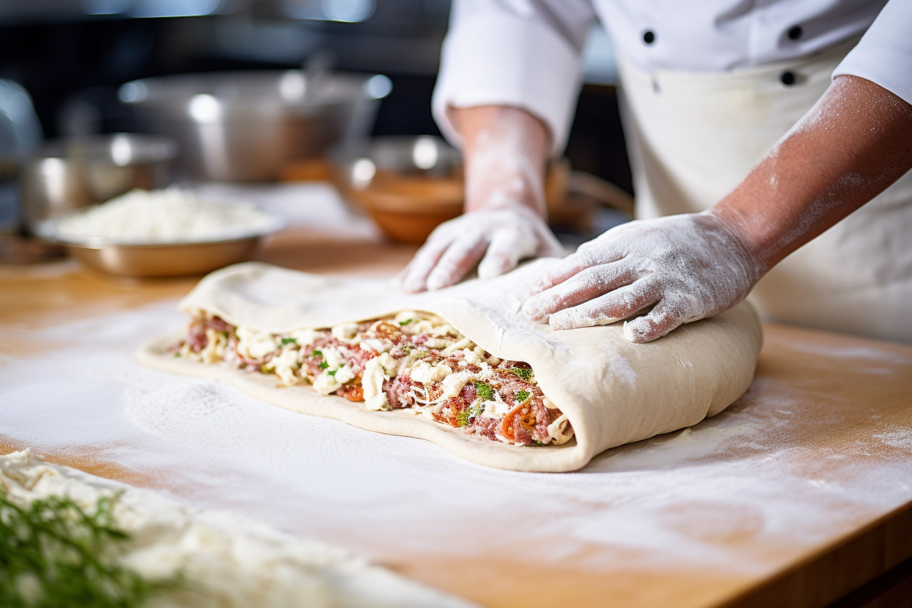 Skilled pizza maker prepares hand-tossed pizza crust in a bustling italian restaurant