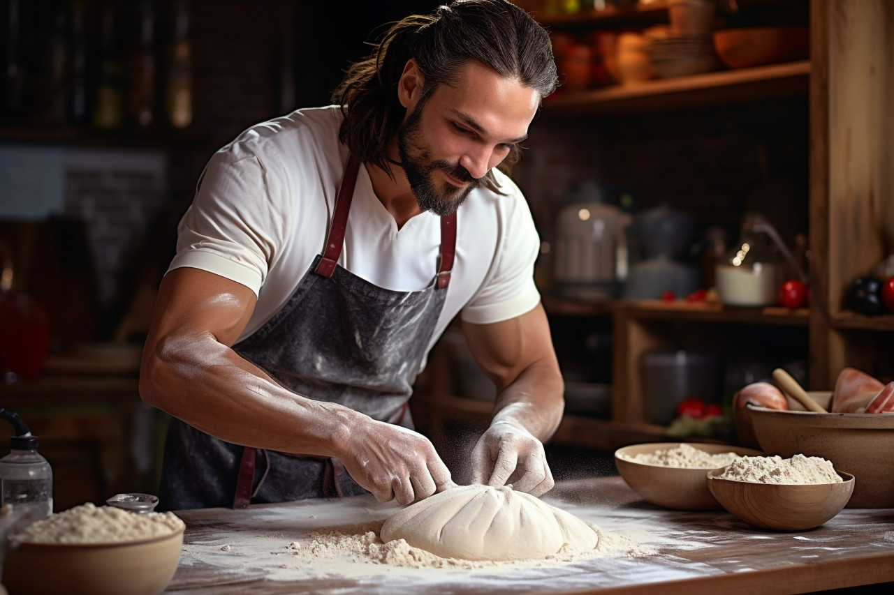 Skilled baker prepares homemade artisan bread