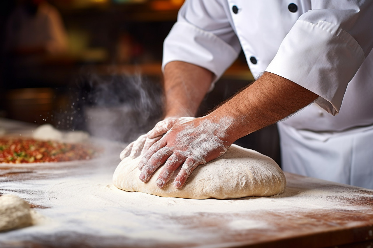 Skilled pizza maker prepares hand-tossed pizza crust in a bustling italian restaurant